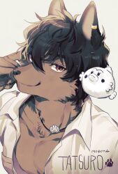 Rule 34 | 1boy, animal ears, animal hands, artist name, bishounen, black hair, body fur, borrowed character, brown eyes, brown fur, claws, closed mouth, collared shirt, creature, dog boy, dog ears, ear piercing, furry, furry male, grey background, hair between eyes, highres, looking at viewer, male focus, mokotalow11, nipples, open clothes, original, paw print, piercing, shirt, short hair, simple background, smile, solo, upper body, white shirt