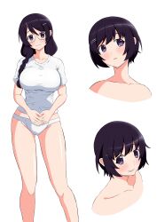 Rule 34 | 1girl, absurdres, black eyes, black hair, breasts, collarbone, glasses, hair ornament, hairclip, hanekawa tsubasa, highres, kakukakusan, long hair, looking at viewer, monogatari (series), multiple views, no pants, own hands together, panties, shirt, short hair, simple background, smile, standing, underwear, upper body, white background, white panties, white shirt