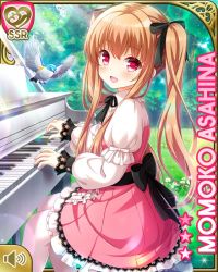 Rule 34 | 1girl, asahina momoko, black bow, bow, brown hair, card (medium), character name, dress, girlfriend (kari), green background, hair bow, hair ribbon, instrument, music, official art, one side up, open mouth, outdoors, piano, pink dress, playing instrument, qp:flapper, red eyes, ribbon, shirt, side ponytail, sitting, smile, solo, white legwear, white shirt