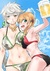 Rule 34 | 10s, 2girls, adapted costume, alcohol, alternate costume, arm up, armpits, ass, asymmetrical hair, beer mug, bikini, black bikini, blonde hair, blush, braid, breast press, breasts, choker, cloud, cloudy sky, colored eyelashes, cup, day, drink, female focus, glass, green bikini, green eyes, hair between eyes, hair ornament, halterneck, holding, jitome, kantai collection, large breasts, long hair, looking at viewer, midriff, mrdotd, mug, multiple girls, navel, one eye closed, open mouth, prinz eugen (kancolle), ribs, short twintails, silver hair, single braid, sky, smile, swimsuit, twintails, unryuu (kancolle), very long hair, wink, yellow eyes
