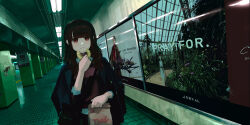 Rule 34 | 1girl, ad, bag, blunt bangs, brown hair, closed mouth, coat, coat on shoulders, collared shirt, commentary, doughnut, dutch angle, eating, food, graffiti, highres, holding, holding bag, indoors, long hair, original, orval, red eyes, red sweater, shirt, shoulder bag, sidelocks, sleeves past elbows, solo, sweater, symbol-only commentary, tile floor, tiles, white shirt
