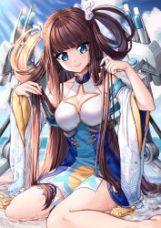 1girl bare_legs bare_shoulders beach blue_dress blue_eyes blue_oath blush breasts brown_hair china_dress chinese_clothes cleavage cleavage_cutout closed_mouth clothing_cutout commentary day detached_sleeves dress english_commentary hair_ornament hair_rings highres long_hair long_sleeves medium_breasts ocean pattikou pelvic_curtain ping_hai_(blue_oath) rabbit_hair_ornament rigging short_dress sitting smile solo tachi-e tassel thigh_strap water wide_sleeves