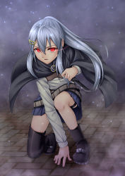 Rule 34 | 1girl, asymmetrical legwear, between legs, black cape, black footwear, blouse, blue skirt, boots, cape, floating hair, frown, full body, glint, glowing, glowing eye, grey shirt, gyatto624, hair between eyes, hair ornament, hairclip, hand between legs, highres, holding, holding knife, knife, light trail, long hair, looking at viewer, miniskirt, on one knee, original, outdoors, parted lips, pleated skirt, red eyes, shirt, sidelocks, silver hair, skirt, smoke, solo, sparkle, thigh boots, thigh strap, thighhighs, uneven legwear