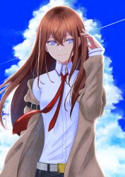 Rule 34 | 1girl, belt, blue eyes, blue sky, brown hair, closed mouth, cloud, collared shirt, day, dress shirt, floating hair, hair between eyes, hand in own hair, highres, kaijin-m, long hair, long sleeves, makise kurisu, necktie, outdoors, red necktie, shirt, sky, smile, solo, standing, steins;gate, straight hair, white belt, white shirt, wing collar