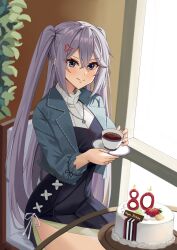 Rule 34 | 1girl, absurdres, annoyed, azur lane, birthday cake, blue eyes, cafe, cake, casual, coffee, commission, cup, dress, food, grey hair, hair between eyes, highres, holding, holding cup, intrepid (azur lane), jewelry, looking at viewer, necklace, ring, saucer, sidelocks, smodzz998, thighs, two side up, wedding ring, window