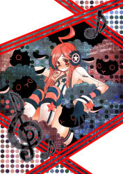 Rule 34 | 1girl, ahoge, bass clef, beamed quavers, crotchet rest, flat sign, gloves, headphones, karezel, musical note, quaver, quaver rest, red eyes, red hair, sf-a2 miki, sharp sign, sheep, sheet music, solo, striped clothes, striped thighhighs, thighhighs, treble clef, vocaloid