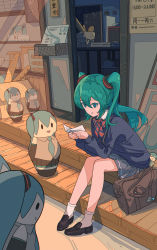 Rule 34 | 1girl, absurdres, aqua necktie, badge, bag, baguette, bare shoulders, black sleeves, blue skirt, blue sweater, bow, bowtie, box, bread, cardboard box, chalkboard, character doll, commentary, detached sleeves, food, grey shirt, hair ornament, hatsune miku, highres, holding, holding paper, light smile, long hair, mailbox (incoming mail), mary janes, matryoshka doll, miniskirt, mori (user gdnz7828), necktie, open mouth, paper, parted lips, photo (object), pleated skirt, porch, reading, school uniform, shelf, shirt, shoes, shoulder bag, sitting, skirt, sleeveless, sleeveless shirt, solid oval eyes, solo, speaker, striped bow, striped bowtie, striped clothes, striped neckwear, sweater, twintails, vocaloid