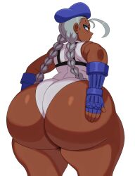 Rule 34 | 1girl, absurdres, alternate color, ass, ass grab, bare legs, bare shoulders, braid, breasts, cammy white, curvy, dark-skinned female, dark skin, eric lowery, fingerless gloves, from behind, gloves, grabbing own ass, grey hair, hat, highres, huge ass, large breasts, leotard, long hair, looking at viewer, looking back, plump, shiny skin, skindentation, sleeveless, street fighter, thong leotard, twin braids, very long hair, white background, white leotard, wide hips