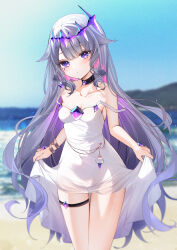 Rule 34 | 1girl, absurdres, bare shoulders, beach, black choker, blue sky, breasts, chest jewel, choker, closed mouth, clothes lift, collarbone, colored inner hair, commentary, covered navel, day, dress, dress lift, grey hair, highres, hololive, hololive english, jewel under eye, koseki bijou, koseki bijou (1st costume), lifted by self, long hair, medium breasts, multicolored hair, ocean, outdoors, pink hair, purple eyes, purple hair, sky, solo, standing, thighs, very long hair, virtual youtuber, white dress, yukineko1018