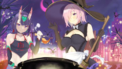 Rule 34 | 2girls, absurdres, alternate costume, apron, bare shoulders, bat (animal), breasts, broom, cleavage, cleavage cutout, clothing cutout, dress, eyeliner, fate/grand order, fate (series), hair ornament, halloween, hat, highres, horns, large breasts, looking at viewer, maid, maid apron, makeup, mash kyrielight, moon, multiple girls, navel, oni, pink hair, purple hair, quatthro, short hair, shuten douji (fate), shuten douji (fate/grand order), shuten douji (halloween caster) (fate), skin-covered horns, small breasts, smile, town, witch, witch hat