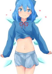 Rule 34 | 1girl, absurdres, alternate costume, blue eyes, blue hair, blue shirt, blue skirt, blush, bow, cirno, commentary request, cowboy shot, fang, hair between eyes, hair bow, heart, highres, light smile, long sleeves, looking at viewer, midriff, miniskirt, mizune (winter), navel, shirt, skin fang, skirt, solo, standing, touhou, wings