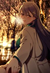 Rule 34 | 1girl, 1other, alternate costume, blurry, blurry background, blush, breasts, breath, brown eyes, commentary, grey hair, grey jacket, hair between eyes, hair ornament, hairclip, haruna (kancolle), highres, holding hands, jacket, jewelry, kantai collection, large breasts, long hair, long sleeves, looking at viewer, night, open clothes, open jacket, open mouth, outdoors, ribbed sweater, ring, solo focus, sweater, symbol-only commentary, tanaka io (craftstudio), turtleneck, turtleneck sweater, wedding ring