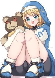 Rule 34 | 1boy, :d, absurdres, bike shorts, blonde hair, blue eyes, blush, bridget (guilty gear), bulge, guilty gear, guilty gear strive, hashira 14, highres, hood, hood up, hoodie, long sleeves, male focus, open mouth, roger (guilty gear), simple background, sitting, smile, solo, stuffed animal, stuffed toy, teddy bear, thighs, trap, white background