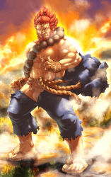 Rule 34 | abs, bara, bead necklace, beads, beard, bulge, character request, facial hair, fighting stance, frown, full body, fundoshi, japanese clothes, jewelry, large pectorals, male focus, male underwear, mature male, monk, muscular, muscular male, necklace, nipples, pants, pectorals, red hair, sandals, short hair, sideburns, stomach, thighs, topless male, torieda, torn clothes, torn pants, underwear, white male underwear, wrinkled skin
