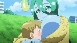 Rule 34 | 1boy, 1girl, animated, animated gif, arms around another&#039;s head, between breasts, blonde hair, blue skin, breasts, colored skin, dominate female, face between breasts, green eyes, green hair, head between breasts, hug, huge breasts, large breasts, looping animation, monster girl, monster musume no iru nichijou, raincoat, slime girl, suu (monster musume)