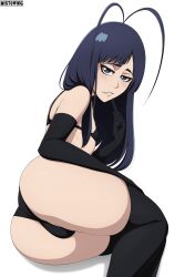 Rule 34 | 1boy, absurdres, antenna hair, ass, bikini, black bikini, black gloves, black hair, black thighhighs, bleach, blue eyes, blush, bulge, crossdressing, elbow gloves, giselle gewelle, gloves, highres, long hair, looking at viewer, looking back, male focus, mistowing, simple background, slutty outfit, smile, solo, swimsuit, thighhighs, trap, white background