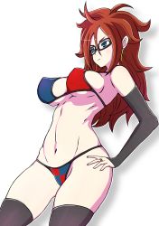 Rule 34 | 1girl, :&lt;, adapted costume, adriano oliveira, android 21, arm warmers, big hair, bikini, black-framed eyewear, black nails, black thighhighs, blue eyes, breasts, brown hair, commentary, cowboy shot, curly hair, detached sleeves, dragon ball, dragon ball fighterz, earrings, female focus, glasses, hand on own hip, hands on own hips, highres, hoop earrings, jewelry, large breasts, long hair, multicolored bikini, multicolored clothes, nail polish, navel, perky breasts, ring, sideboob, simple background, solo, standing, swimsuit, thick thighs, thighhighs, thighs, underboob, white background