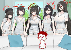 Rule 34 | 1boy, 5girls, absurdres, arms behind back, beret, black choker, black hair, black wings, blue archive, breasts, choker, cleavage, closed eyes, closed mouth, couch, doodle sensei (blue archive), faceless, faceless female, hair between eyes, hair over eyes, halo, hasumi (blue archive), hat, highres, ichika (blue archive), indoors, justice task force member (blue archive), large breasts, long hair, looking at another, mashiro (blue archive), meme, mole, mole under eye, multiple girls, open mouth, pillow, piper perri surrounded (meme), purple eyes, red halo, sensei (blue archive), shirt, short hair, short sleeves, sitting, small breasts, smile, tsurugi (blue archive), white shirt, winged halo, wings, yan jhia
