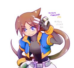 Rule 34 | 1girl, aile (mega man zx), black bodysuit, blue eyes, blue jacket, bodysuit, brown hair, commentary request, cropped jacket, highres, jacket, long hair, looking at viewer, mega man (series), mega man zx, mega man zx advent, ponytail, ryokuchadattayo, salute, shorts, simple background, smile, solo, two-finger salute, upper body, white background, white shorts