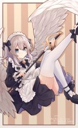 Rule 34 | 1767670605, 1girl, absurdres, apron, black bow, black footwear, blue eyes, blush, bow, closed mouth, commentary, english commentary, english text, feathered wings, frills, full body, garter belt, grey hair, hair between eyes, highres, holding, holding sword, holding weapon, looking at viewer, maid, maid apron, maid headdress, medium hair, original, solo, sword, thighhighs, weapon, white apron, white thighhighs, white wings, wings