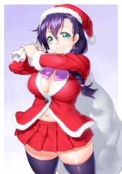 Rule 34 | 10s, 1girl, belly, braid, breasts, cleavage, green eyes, hair over shoulder, hat, large breasts, long hair, looking at viewer, love live!, love live! school idol project, onsoku inu, plump, purple hair, sack, santa costume, santa hat, single braid, smile, solo, tareme, thick thighs, thighhighs, thighs, tojo nozomi