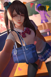 Rule 34 | 10s, 2girls, ;), absurdres, bag, black legwear, blouse, bow, breasts, brown eyes, cable, cardigan, chair, chalkboard, cherry blossoms, classroom, closed mouth, collared shirt, cowboy shot, desk, dress shirt, earphones, earplugs, eyelashes, grey hair, hair ribbon, hand up, highres, indoors, lips, lipstick, long hair, looking at viewer, love live!, love live! school idol project, makeup, minami kotori, miniskirt, multiple girls, nose, notebook, one eye closed, one side up, otonokizaka school uniform, petals, pink lips, plaid, plaid skirt, pleated skirt, reaching, reaching towards viewer, realistic, ribbon, school, school desk, school uniform, selfie, shirt, short hair, short sleeves, shoulder bag, sitting, skirt, smile, sweater vest, taking picture, thighhighs, twintails, very long hair, white shirt, window, xiaoxiaoxiaomo, yazawa nico, zettai ryouiki
