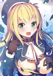 Rule 34 | 10s, 1girl, atago (kancolle), black gloves, blonde hair, blush, breasts, culter, gloves, green eyes, hat, highres, kantai collection, large breasts, long hair, looking at viewer, military, military uniform, open mouth, personification, solo, torn clothes, uniform