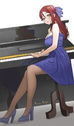 Rule 34 | 1girl, alternate breast size, bow, breasts, cleavage, commentary request, dress, dunchy, dutch angle, hair bow, half updo, high heels, highres, instrument, long hair, looking at viewer, love live!, love live! sunshine!!, medium breasts, on chair, pantyhose, piano, purple bow, purple dress, purple footwear, red hair, sakurauchi riko, single sidelock, sitting, solo, strapless, strapless dress, white background, yellow eyes