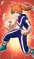 Rule 34 | 10s, 1girl, artist request, boku no hero academia, breasts, clenched hand, come at me bro, facing viewer, fighting stance, floating hair, green eyes, hand up, happy, highres, index finger raised, jacket, kendou itsuka, long hair, looking at viewer, orange background, orange hair, oversized limbs, pants, parted lips, ponytail, shoes, side ponytail, smile, solo, standing, teeth, tongue, track suit, track uniform