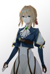 Rule 34 | blonde hair, blue eyes, blue vest, braid, brown gloves, chinese commentary, dress, fangchang (fcwhy233), gem, gloves, hair between eyes, hair ribbon, highres, holding, holding letter, letter, long sleeves, looking at viewer, medium hair, red ribbon, ribbon, simple background, solo, vest, violet evergarden, violet evergarden (series), white background, white dress