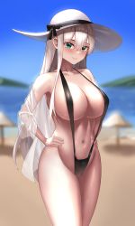 Rule 34 | 1girl, absurdres, beach, beach umbrella, black bow, black one-piece swimsuit, blue sky, blurry, blurry background, blush, bow, breasts, character request, collarbone, commission, cowboy shot, day, green eyes, groin, hair between eyes, hands on own hips, hat, hat bow, highres, large breasts, long hair, looking at viewer, mua (mua pb), navel, one-piece swimsuit, original, second-party source, sky, smile, solo, standing, stomach, sun hat, swimsuit, thighs, umbrella, very long hair, white hair, white hat