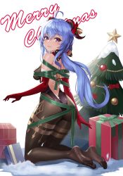 Rule 34 | 1girl, absurdres, ahoge, ass, back, backless outfit, bell, black legwear, blue hair, blush, bodystocking, bodysuit, bound, bow, breasts, christmas, christmas ornaments, christmas tree, curled horns, elbow gloves, feet, from behind, ganyu (genshin impact), genshin impact, gift, gloves, gold trim, hair ornament, highres, horns, karmiel, kneeling, leotard, leotard under clothes, long hair, looking at viewer, low ponytail, medium breasts, merry christmas, multicolored eyes, purple eyes, red gloves, ribbon, ribbon bondage, sidelocks, smile, soles, solo, thighlet, very long hair
