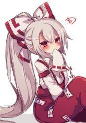 Rule 34 | 1girl, baggy pants, blush, bow, closed mouth, collared shirt, commentary request, fujiwara no mokou, hair between eyes, hair bow, hand to own mouth, high ponytail, highres, long hair, long sleeves, looking at viewer, muuran, ofuda, pants, ponytail, red eyes, red pants, ribbon-trimmed sleeves, ribbon trim, shirt, sidelocks, signature, silver hair, simple background, sitting, sleeves past fingers, sleeves past wrists, solo, suspenders, touhou, very long hair, white background, white bow, white shirt