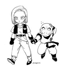 Rule 34 | 1boy, 1girl, android 18, ankle boots, ankle socks, bald, belt, black belt, black footwear, black gloves, black sash, black vest, black wristband, blunt ends, blush, bobby socks, boots, chain belt, chibi, closed mouth, clothes writing, collarbone, couple, denim, dougi, dragon ball, dragonball z, earrings, eyelashes, facing viewer, fingernails, flying sweatdrops, full body, gloves, hair behind ear, hand on own head, height difference, hetero, highres, holding hands, jeans, jewelry, kuririn, looking down, monochrome, necklace, nervous, obi, pants, parted bangs, pearl necklace, pocket watch, sash, serious, shirt, shirt tucked in, shoes, short hair, short sleeves, shy, sideways glance, simple background, socks, tkgsize, tsurime, vest, walking, watch, wavy mouth, white background, wide-eyed, wristband