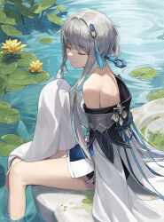 Rule 34 | 1girl, absurdres, bare legs, bare shoulders, closed eyes, closed mouth, cotta (heleif), day, dress, flower, from side, genshin impact, grey hair, guizhong (genshin impact), hair intakes, hair ornament, highres, lily pad, off-shoulder dress, off shoulder, outdoors, short hair with long locks, sitting, sleeves past fingers, sleeves past wrists, smile, soaking feet, solo, tassel, tassel hair ornament, thighs, water, water lily flower, white dress, yellow flower