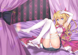 Rule 34 | 1girl, ami ria, arm up, artist name, arusuko, bed, black bow, blonde hair, blue eyes, bow, breasts, curtains, elbow gloves, floral print, gloves, indoors, knees up, long hair, looking at viewer, magia record: mahou shoujo madoka magica gaiden, mahou shoujo madoka magica, medium breasts, on bed, panties, pink ribbon, re-arusu, ribbon, skirt, solo, thighhighs, two side up, underwear, very long hair, wallpaper (object), watermark, white gloves, white panties, white thighhighs