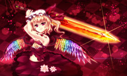 Rule 34 | 1girl, alternate wings, blonde hair, breasts, cleavage, embodiment of scarlet devil, female focus, flandre scarlet, flower, greave (asterism), hat, laevatein, midriff, rainbow order, red eyes, short hair, side ponytail, small breasts, solo, strapless, sword, tattoo, touhou, tube top, weapon, wings