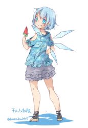 Rule 34 | 1girl, alternate costume, bare shoulders, blouse, blue shirt, blue eyes, blue hair, character name, cirno, clothing cutout, contemporary, earrings, food, food on face, from behind, fruit, full body, highres, ice, ice wings, jewelry, layered clothes, layered skirt, looking at viewer, looking back, matching hair/eyes, popsicle, puffy sleeves, sandals, shirt, short hair, short sleeves, shorts, shoulder cutout, simple background, skirt, smile, solo, text focus, touhou, toutenkou, twitter username, watermelon, watermelon bar, white background, wings