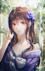 Rule 34 | 1girl, absurdres, bow, brown hair, collarbone, flower, forest, hair flower, hair ornament, highres, japanese clothes, kimono, long hair, looking at viewer, nail polish, nature, off shoulder, original, parted lips, purple flower, purple kimono, purple nails, solo, sweat, underwater, water drop, white bow, yellow eyes, youwon0417, yukata