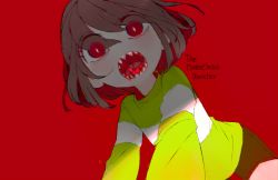 Rule 34 | 1girl, blood, brown hair, brown shorts, chara (undertale), from below, green shirt, long sleeves, looking at viewer, looking down, open mouth, red background, red eyes, sharp teeth, shirt, short hair, shorts, simple background, soseji (tjduswjd), striped clothes, striped shirt, teeth, undertale