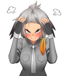 Rule 34 | &gt;:(, 10s, 1girl, puff of air, alternate hairstyle, bangs pinned back, bird wings, black gloves, black hair, blush, bodystocking, closed mouth, collared shirt, embarrassed, feathered wings, fingerless gloves, forehead, frown, gloves, green eyes, grey necktie, grey shirt, hair ornament, hair tie, hands on own head, hands up, head wings, hood (james x), kemono friends, low ponytail, multicolored hair, necktie, shirt, shoebill (kemono friends), short sleeves, silver hair, simple background, sleeve cuffs, solo, upper body, v-shaped eyebrows, wavy mouth, white background, wing collar, wings
