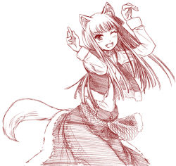 Rule 34 | 00s, 1girl, animal ears, arms up, fang, himeno suika, holo, long hair, monochrome, one eye closed, red theme, solo, spice and wolf, tail, wolf ears, wolf tail