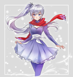 Rule 34 | 1girl, absurdres, blue eyes, blue pantyhose, brooch, commentary request, cropped legs, earrings, floating hair, frilled skirt, frills, grey background, hair ornament, highres, iesupa, jewelry, long hair, pantyhose, petticoat, red scarf, rwby, scar, scar across eye, scar on face, scarf, side ponytail, skirt, skirt hold, smile, snowflake background, solo, tiara, weiss schnee, white hair
