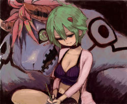 Rule 34 | 1girl, breasts, cleavage, green hair, horns, large breasts, midriff, monster, short hair, solo, sujata, taninatsu, traumeister