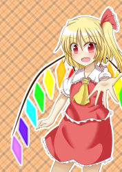 Rule 34 | 1girl, ascot, bad id, bad pixiv id, blonde hair, blush, collared shirt, fangs, flandre scarlet, frilled shirt, frilled shirt collar, frilled skirt, frilled sleeves, frills, hair ribbon, highres, miitan (kazamiita), no headwear, outline, outstretched arm, outstretched hand, plaid, plaid background, puffy short sleeves, puffy sleeves, reaching, reaching towards viewer, red eyes, ribbon, shirt, short hair, short sleeves, side ponytail, skirt, skirt set, slit pupils, solo, touhou, vest, wings