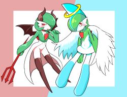 Rule 34 | 1boy, 1girl, angel and devil, arm at side, arm blade, arms at sides, black choker, black horns, black thighhighs, black wings, blue hair, blue thighhighs, blush, bob cut, border, choker, closed mouth, clothed pokemon, collarbone, colored skin, creatures (company), demon girl, demon horns, demon wings, feathered wings, flat chest, full body, gallade, game freak, gardevoir, gen 3 pokemon, gen 4 pokemon, green hair, green skin, groin, hair over one eye, half-closed eyes, halo, hand up, happy, holding trident, horns, kanimiso na double, legs, licking finger, looking at viewer, mohawk, multicolored hair, multicolored skin, navel, nintendo, one eye covered, outside border, pokemon, pokemon (creature), red eyes, saliva, short hair, simple background, smile, standing, stomach, thighhighs, thighs, tongue, tongue out, two-tone hair, two-tone skin, weapon, white background, white skin, white wings, wings