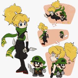 Rule 34 | 1boy, 1girl, black overalls, blonde hair, blue eyes, blush stickers, brown hair, carrying, chibi, commentary, earrings, emphasis lines, facial hair, fingerless gloves, flying sweatdrops, gloves, green headwear, green scarf, grey gloves, headwear writing, height difference, highres, holding kunai, jewelry, looking back, looking down, mario (series), mimimi (mimimim9999), mr l, mustache, ninja, ninja peach, nintendo, overalls, paper mario, piggyback, ponytail, princess peach, princess peach: showtime!, scarf, sparkle, sphere earrings, super paper mario, symbol-only commentary, walking