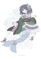 Rule 34 | 1girl, black sash, blue eyes, blue hair, blush, bow, character name, choker, fins, flower, full body, green kimono, hair between eyes, hair flower, hair ornament, head fins, highres, japanese clothes, jewelry, kimono, long sleeves, looking at viewer, mermaid, monster girl, open mouth, pendant, sakurasaka, sash, short hair, simple background, solo, touhou, wakasagihime, white background, white flower, wide sleeves, yellow bow