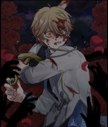 Rule 34 | 1boy, ababuababeababa, bad id, bad twitter id, blonde hair, blood, blood on face, clenched teeth, disembodied hand, fighting, flower, highres, hitobashira alice (vocaloid), holding, holding sword, holding weapon, injury, male focus, orange eyes, petals, project sekai, rose, solo, sword, teeth, tenma tsukasa, vocaloid, weapon
