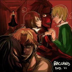 Rule 34 | 00s, 3boys, 3girls, baccano!, blue eyes, chane laforet, claire stanfield, crazy eyes, dark, ennis, eye contact, firo prochainezo, glowing, glowing eyes, hand in own hair, ladd russo, looking at another, lowres, multiple boys, multiple girls, smile
